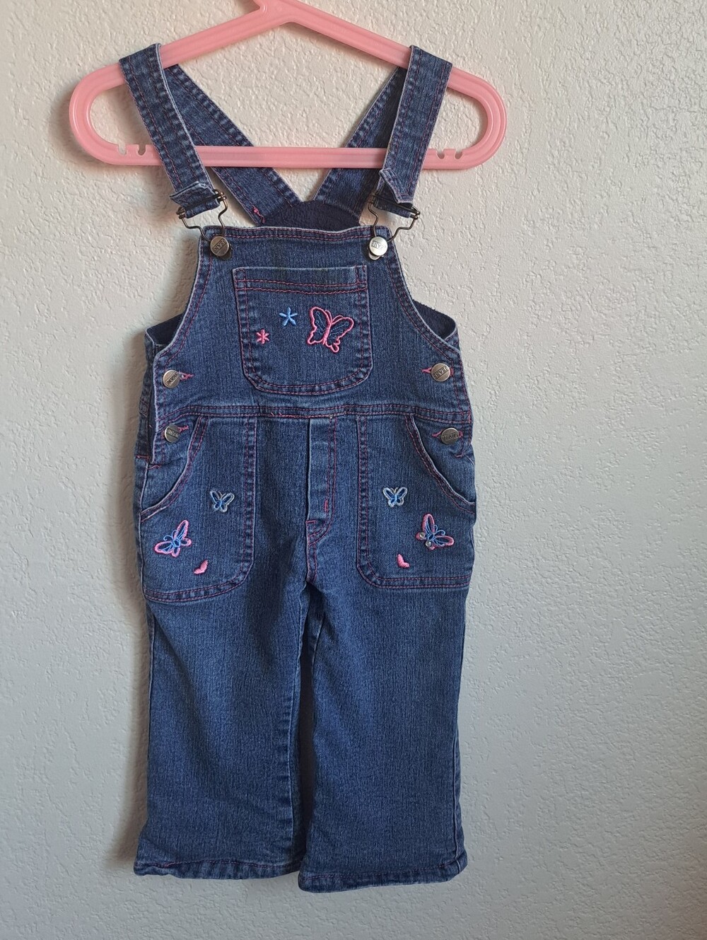 Girls Fleece Lined Butterfly Embroidered Denim Overalls Size 2T